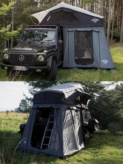 A Lucas creek soft shell roof top  tent open on a vehicle with the annex room attached. 
